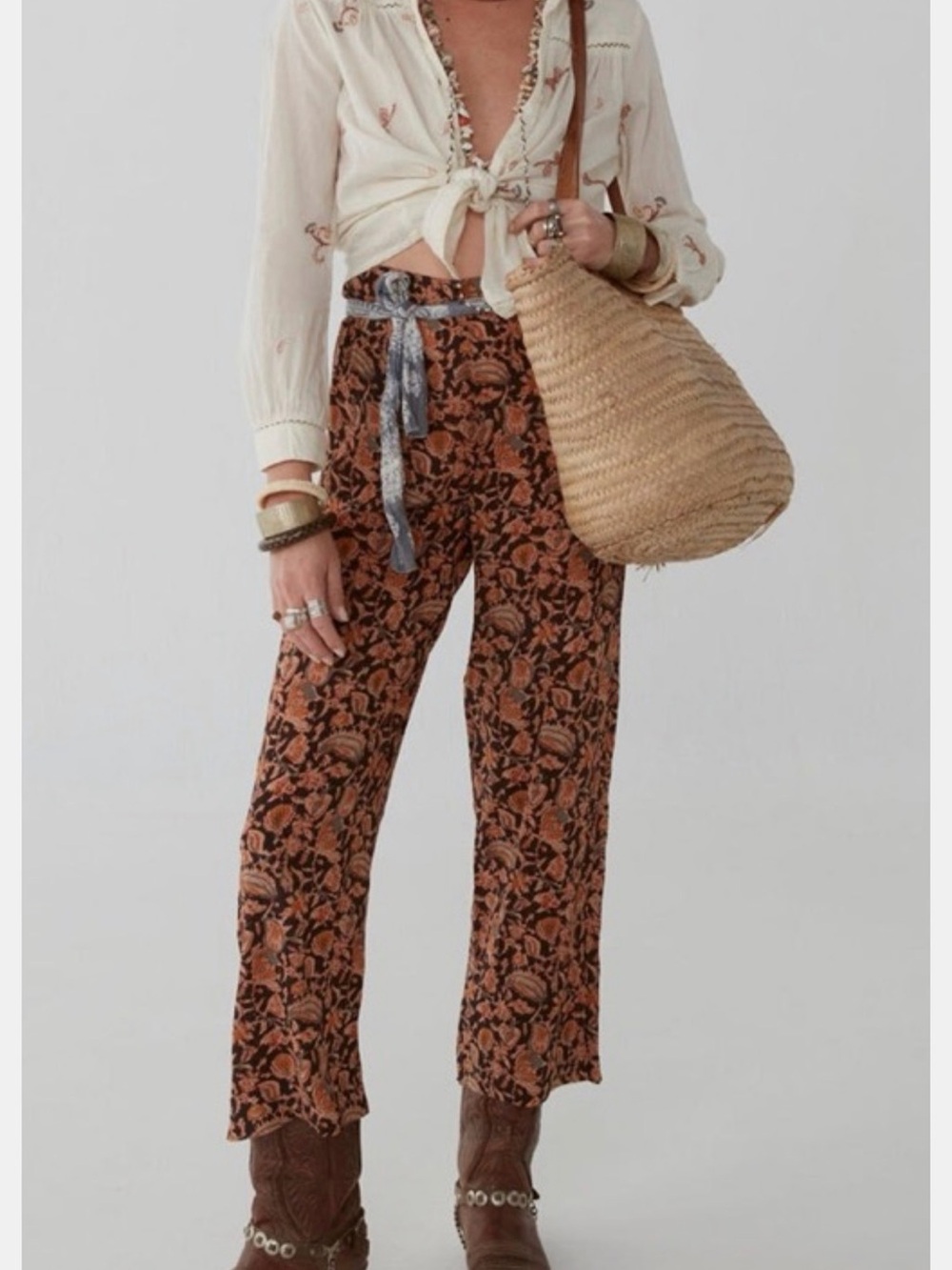 Boho Floral Wide-Leg Pants in Rust Floral Jimmy Pant